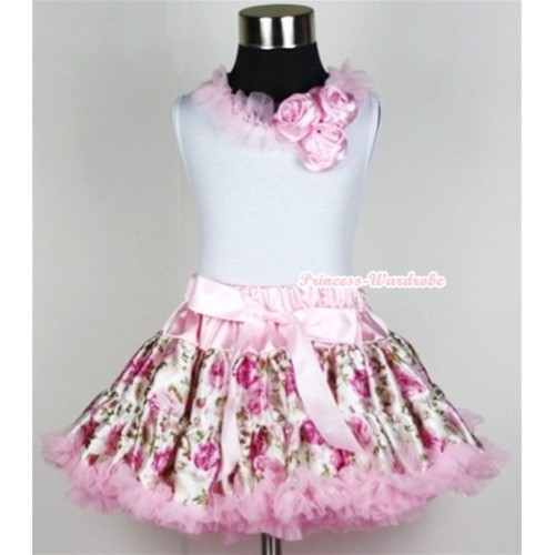 White Tank Top with Bunch Of Light Pink Satin Rosettes& Light Pink Lacing With Light Pink Rose Fusion Pettiskirt MG346 