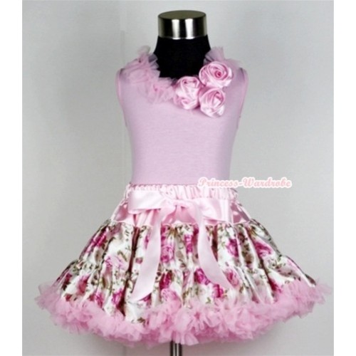 Light Pink Tank Top with Bunch Of Light Pink Satin Rosettes& Light Pink Lacing With Light Pink Rose Fusion Pettiskirt M275 