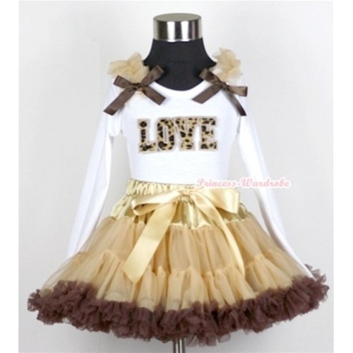 Light Dark Brown Pettiskirt with Leopard Love Print White Long Sleeves Top with Light Brown Ruffles and Dark Brown Bow MW112 