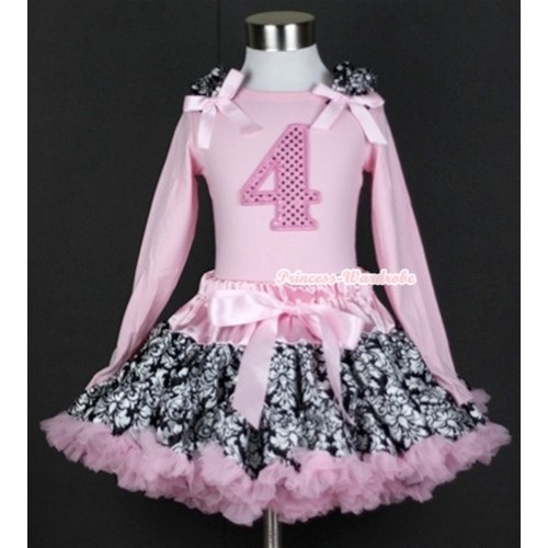 Light Pink Damask Pettiskirt with 4th Sparkle Light Pink Birthday Number Print Light Pink Long Sleeves Top with Damask Ruffles and Light Pink Bow MW124 