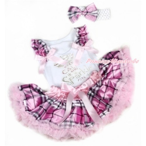 White Baby Pettitop with Light Pink Checked Ruffles & Light Pink Bows with Sparkle Crystal Bling Rhinestone Keep Calm And Sparkle On Print & Light Pink Checked Newborn Pettiskirt With White Headband Light Pink Checked Satin Bow NG1345 