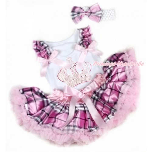 White Baby Pettitop with Light Pink Checked Ruffles & Light Pink Bows with Sparkle Crystal Bling Rhinestone Crown Print & Light Pink Checked Newborn Pettiskirt With White Headband Light Pink Checked Satin Bow NG1346 