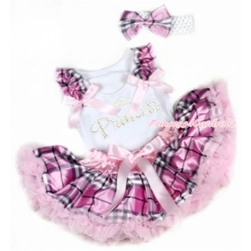 White Baby Pettitop with Light Pink Checked Ruffles & Light Pink Bows with Sparkle Crystal Bling Rhinestone Princess Print & Light Pink Checked Newborn Pettiskirt With White Headband Light Pink Checked Satin Bow NG1347 