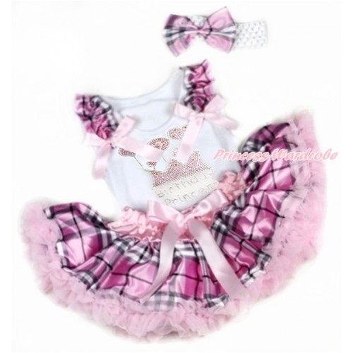 White Baby Pettitop with Light Pink Checked Ruffles & Light Pink Bows with Sparkle Crystal Bling Rhinestone Birthday Princess Print & Light Pink Checked Newborn Pettiskirt With White Headband Light Pink Checked Satin Bow NG1348 