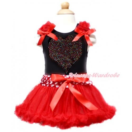 Valentine's Day Black Baby Pettitop with Red Ruffles & Red Bow with Sparkle Crystal Bling Rhinestone Rainbow Heart Print with Minnie Dots Waist Red Newborn Pettiskirt NG1363 