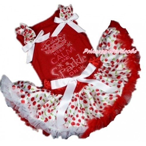 Red Baby Pettitop with White Cherry Ruffles & White Bow with Sparkle Crystal Bling Rhinestone Keep Calm And Sparkle On Print with Red White Cherry Newborn Pettiskirt NG1370 