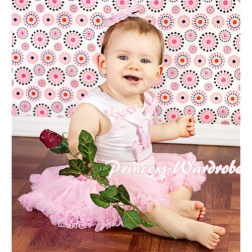 White Baby Pettitop & Cute Crown & Pink White Dots Bows with Light Pink Baby Pettiskirt NG316 