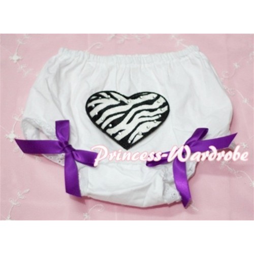 White Bloomers & Zebra Heart Print & Dark Purple Bows BL26 