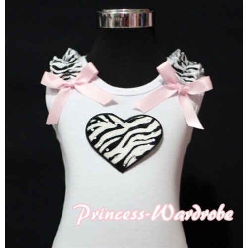 Zebra Heart White Tank Top with Zebra Ruffles and Light Pink Bows TB126 