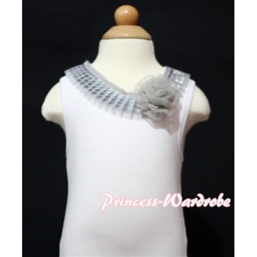 White Tank Tops with Silver Grey Chiffon Lacing and One Rose TB140 