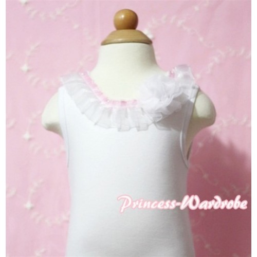 White Tank Tops with Light Pink White Chiffon Lacing and One Rose TB141 