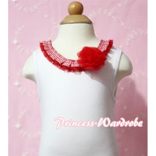 White Tank Tops with Red White Checker Chiffon Lacing and One Rose TB143 