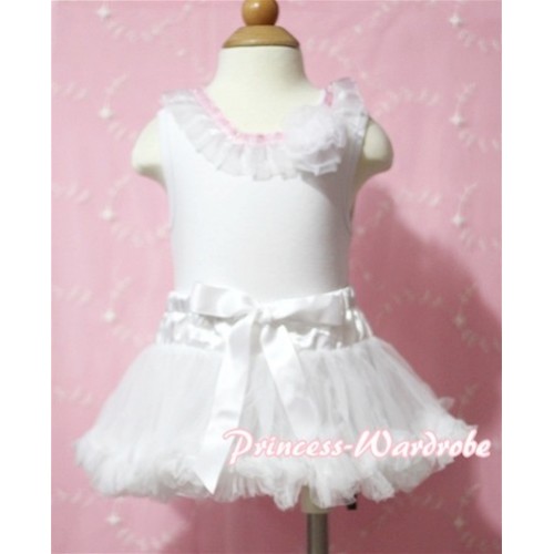 White Baby Tank Tops & Light Pink White Lacing & One Rose With Pure White Baby Pettiskirt NG319 