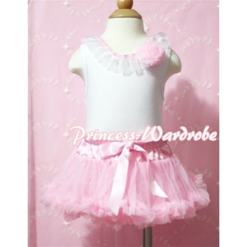 White Baby Tank Tops & Light Pink White Lacing & White Rose With Light Pink Baby Pettiskirt NG320 
