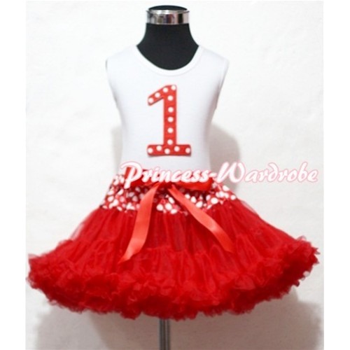 White Tank Top & 1st Birthday Minnie Red White Dot Print number with Minnie Waist Red Full Pettiskirt MM80 