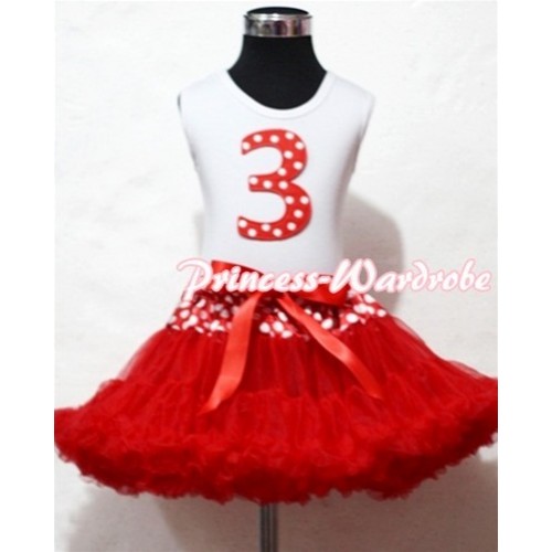 White Tank Top & 3rd Birthday Minnie Red White Dot Print number with Minnie Waist Red Full Pettiskirt MM82 