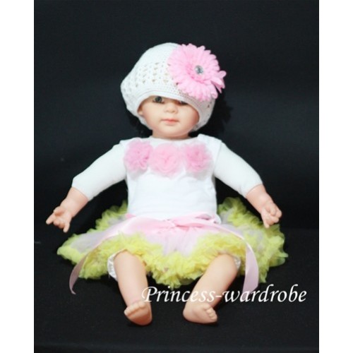 White Baby Pettitop & Light Pink Rosettes with Light Pink Yellow Baby Pettiskirt NG43 