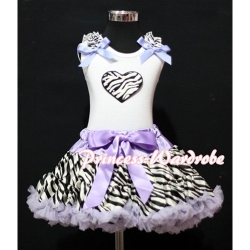 Zebra Heart Print White Tank Top With Zebra Ruffles & Lavender Bows with Lavender Zebra Pettiskirt MM109 