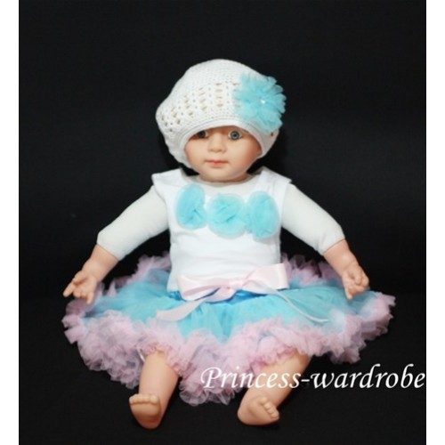 White Baby Pettitop & Light Blue Rosettes with Light Blue Pink Baby Pettiskirt NG72 