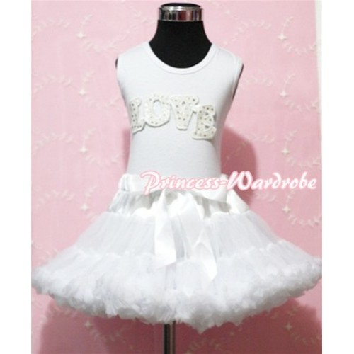 Sparkle Love Print White Tank Top With White Ruffles & White Bows with White Pettiskirt MM113 