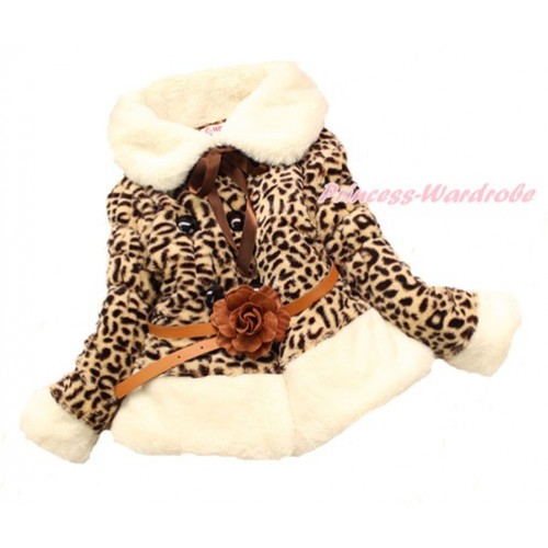 White Collar Leopard Faux Fur Winter Warm Shawl Coat with Brown Flower Leather Belt Jacket SH40 