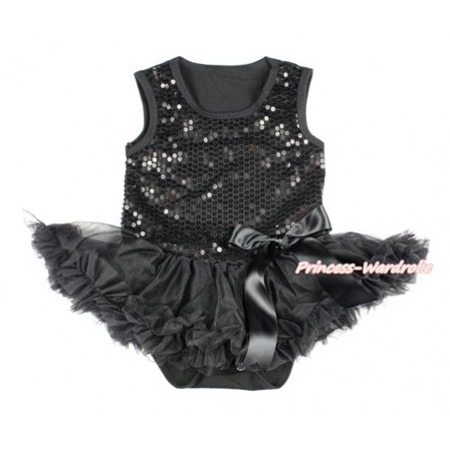 Valentine's Day Black Sparkle Sequins Baby Bodysuit Jumpsuit Black Pettiskirt & Black Bow JS2768 