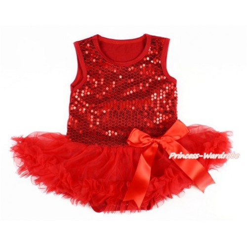 Valentine's Day Red Sparkle Sequins Baby Bodysuit Jumpsuit Red Pettiskirt & Red Bow JS2774 