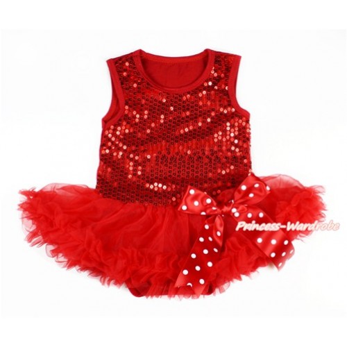 Valentine's Day Red Sparkle Sequins Baby Bodysuit Jumpsuit Red Pettiskirt & Minnie Dots Bow JS2775 