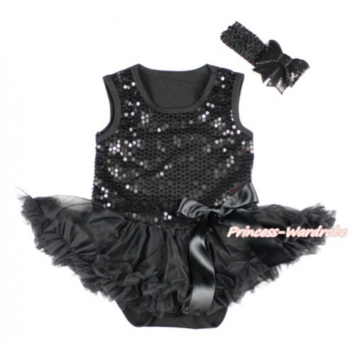 Valentine's Day Black Sparkle Sequins Baby Bodysuit Jumpsuit Black Pettiskirt & Black Bow With Black Headband Black Sparkle Sequins Bow JS2782 