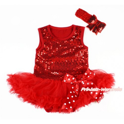 Valentine's Day Red Sparkle Sequins Baby Bodysuit Jumpsuit Red Pettiskirt & Minnie Dots Bow With Red Headband Red Sparkle Sequins Bow JS2789 