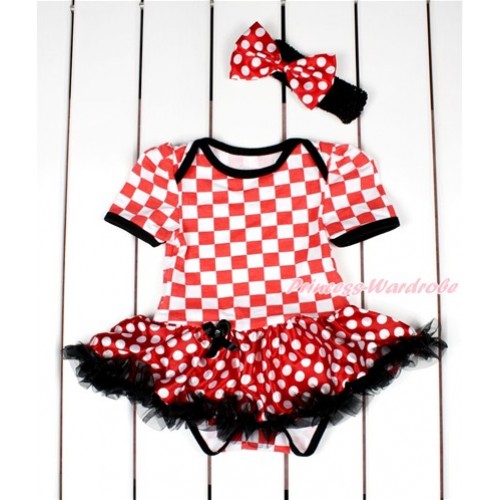 Red White Checked Baby Bodysuit Jumpsuit Minnie Dots Black Pettiskirt With Black Headband Minnie Dots Satin Bow JS2795 