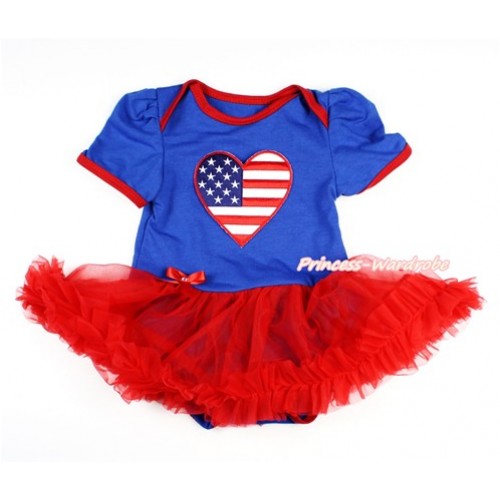 Royal Blue Baby Bodysuit Jumpsuit Red Pettiskirt with Patriotic America Heart Print JS2798 