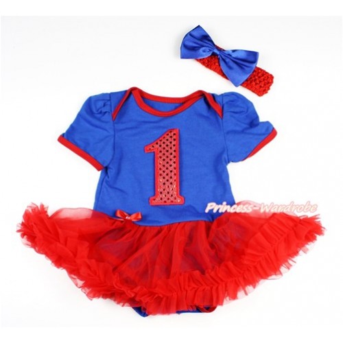 Royal Blue Baby Bodysuit Jumpsuit Red Pettiskirt With 1st Sparkle Red Birthday Number Print With Red Headband Royal Blue Satin Bow JS2830 