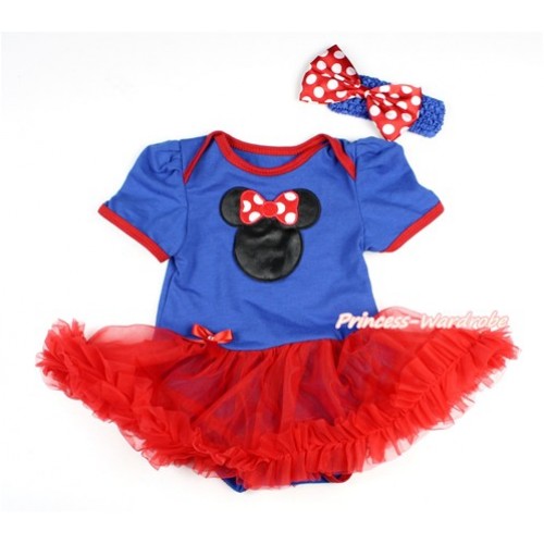 Royal Blue Baby Bodysuit Jumpsuit Red Pettiskirt With Minnie Print With Royal Blue Headband Minnie Dots Satin Bow JS2834 