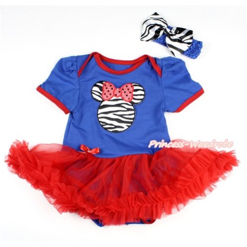 Royal Blue Baby Bodysuit Jumpsuit Red Pettiskirt With Sparkle Red Zebra Minnie Print With Royal Blue Headband Zebra Satin Bow JS2835 