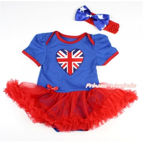Royal Blue Baby Bodysuit Jumpsuit Red Pettiskirt With Patriotic British Heart Print With Red Headband Patriotic American Stars Satin Bow JS2837 