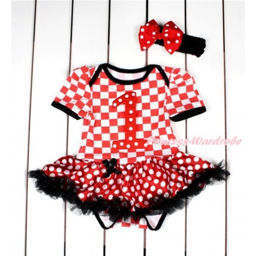 Red White Checked Baby Bodysuit Jumpsuit Minnie Dots Black Pettiskirt With 1st Red White Dots Birthday Number Print With Black Headband Minnie Dots Silk Bow JS2839 