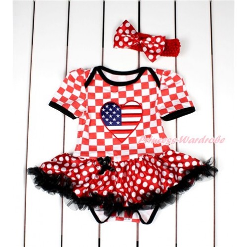 Red White Checked Baby Bodysuit Jumpsuit Minnie Dots Black Pettiskirt With Patriotic America Heart Print With Red Headband Minnie Dots Satin Bow JS2840 