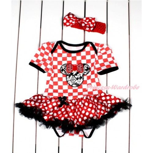 Red White Checked Baby Bodysuit Jumpsuit Minnie Dots Black Pettiskirt With Sparkle Red Damask Minnie Print With Red Headband Minnie Dots Satin Bow JS2843 