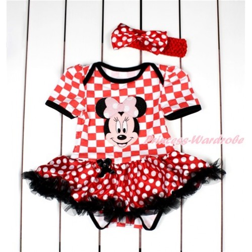 Red White Checked Baby Bodysuit Jumpsuit Minnie Dots Black Pettiskirt With Light Pink Minnie Print With Red Headband Minnie Dots Satin Bow JS2844 