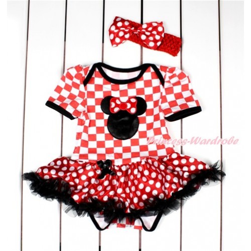 Red White Checked Baby Bodysuit Jumpsuit Minnie Dots Black Pettiskirt With Minnie Print With Red Headband Minnie Dots Satin Bow JS2845 