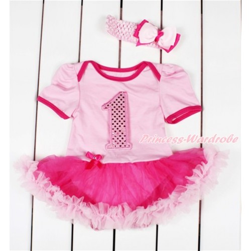 Light Pink Baby Bodysuit Jumpsuit Hot Light Pink Pettiskirt With 1st Sparkle Light Pink Birthday Number Print With Light Pink Headband Light Hot Pink Ribbon Bow JS2848 