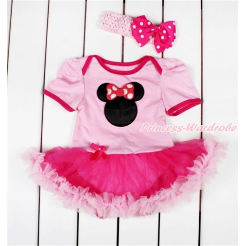 Light Pink Baby Bodysuit Jumpsuit Hot Light Pink Pettiskirt With Hot Pink Minnie Print With Hot Pink Headband Hot Pink White Dots Silk Bow JS2850 
