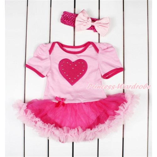 Light Pink Baby Bodysuit Jumpsuit Hot Light Pink Pettiskirt With Hot Pink Heart Print With Hot Pink Headband Light Pink Satin Bow JS2852 