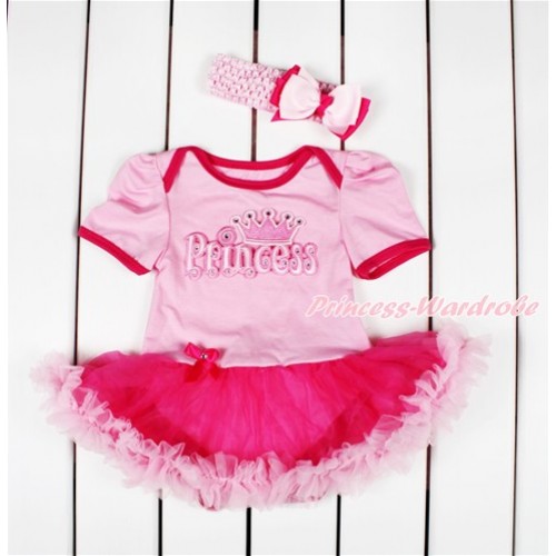 Light Pink Baby Bodysuit Jumpsuit Hot Light Pink Pettiskirt With Princess Print With Light Pink Headband Light Hot Pink Ribbon Bow JS2856 