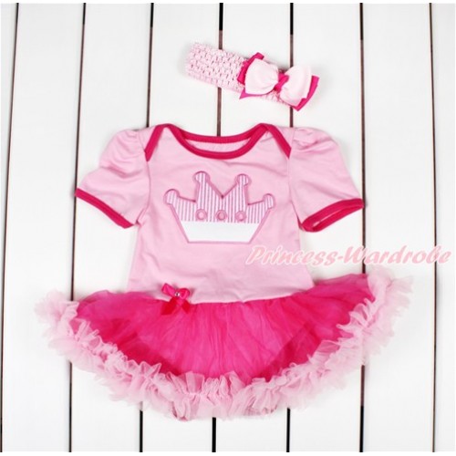 Light Pink Baby Bodysuit Jumpsuit Hot Light Pink Pettiskirt With Crown Print With Light Pink Headband Light Hot Pink Ribbon Bow JS2857 