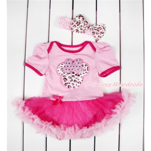 Light Pink Baby Bodysuit Jumpsuit Hot Light Pink Pettiskirt With Light Pink Leopard Minnie Print With Light Pink Headband Light Pink Leopard Satin Bow JS2858 