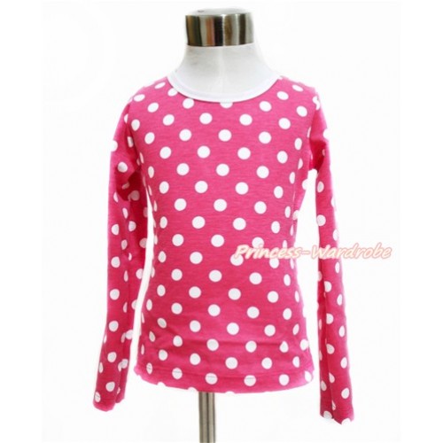 Plain Style Hot Pink White Dots Long Sleeve Top TO343 