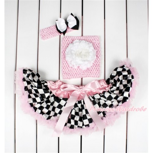 Light Pink Black White Checked Baby Pettiskirt,White Peony Light Pink Crochet Tube Top,Light Pink Headband White Black Ribbon Bow 3PC Set CT669 