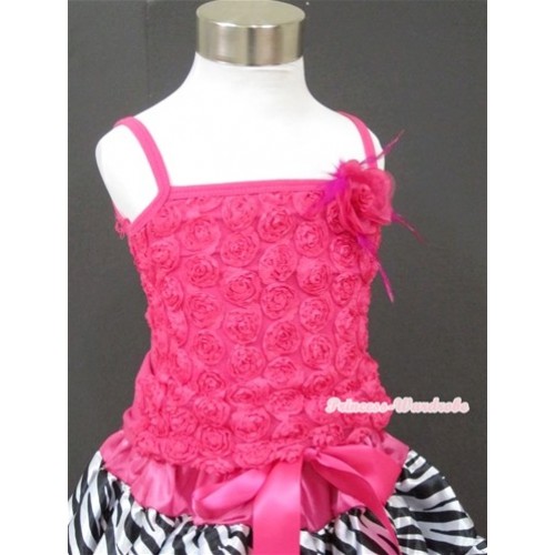 Hot Pink Romantic Rose Strap Pettitop With Hot Pink Feather Rosettes TR004 